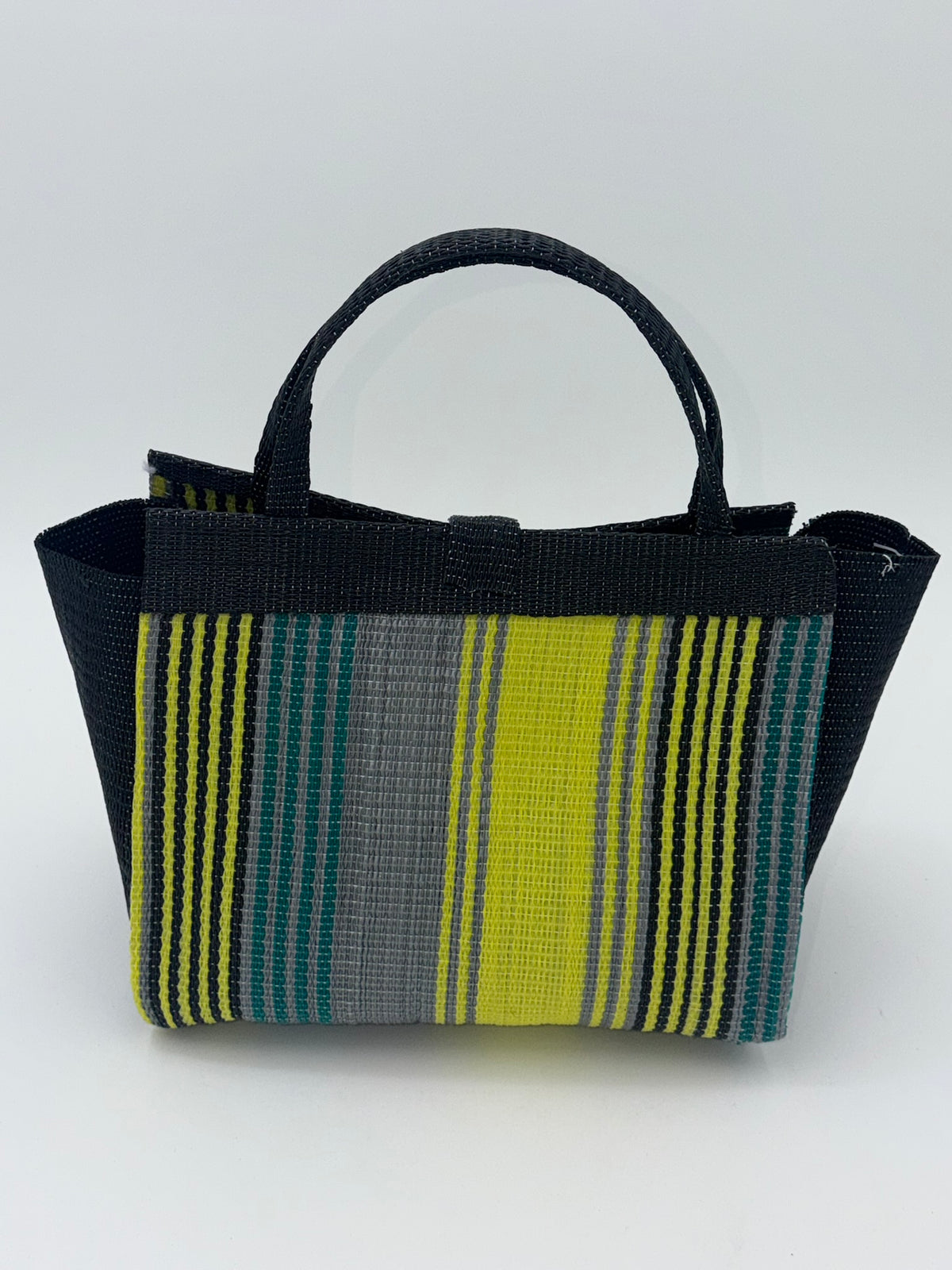 Sunshine Medium  handwoven tote bag by SCRUBIES in Black,Yellow,Gray with Stripes design and Bow accent pattern