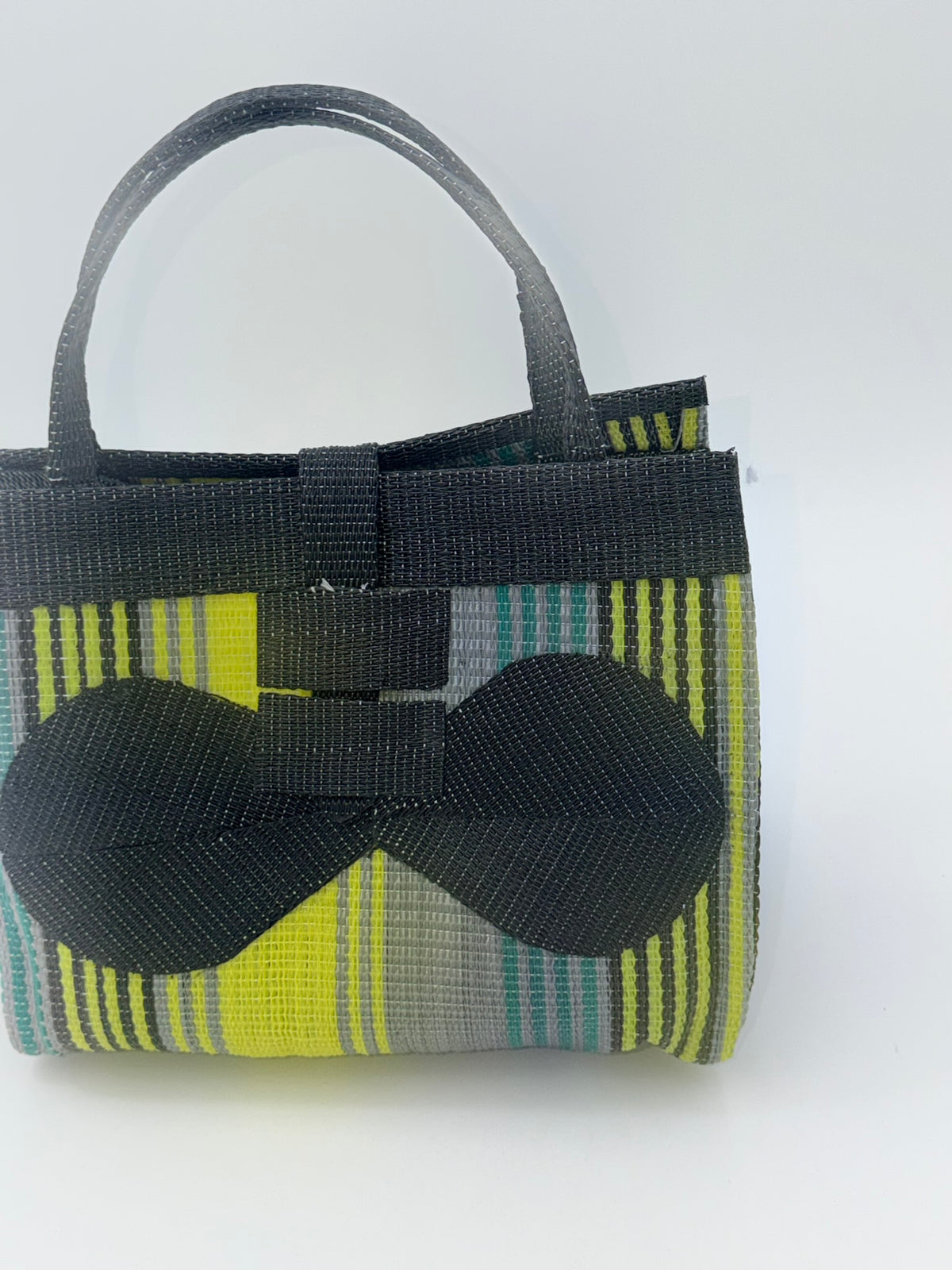 Sunshine Medium  handwoven tote bag by SCRUBIES in Black,Yellow,Gray with Stripes design and Bow accent pattern