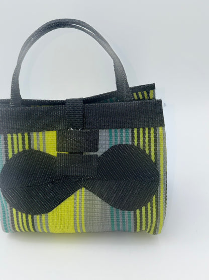 Sunshine Medium  handwoven tote bag by SCRUBIES in Black,Yellow,Gray with Stripes design and Bow accent pattern