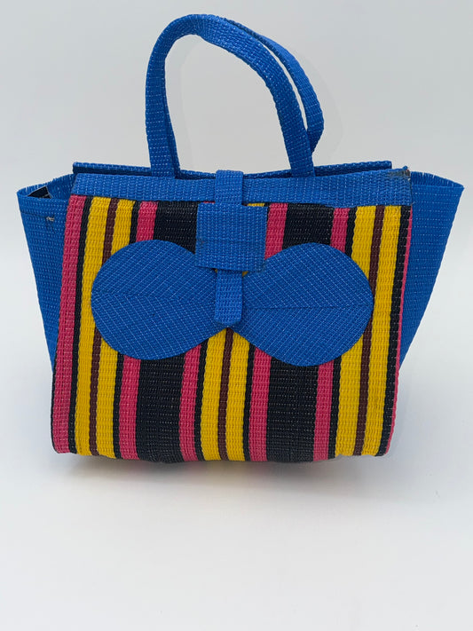 Sunshine Medium  handwoven tote bag by SCRUBIES in Blue,Yellow,Pink,Black with Stripes design and Bow accent pattern