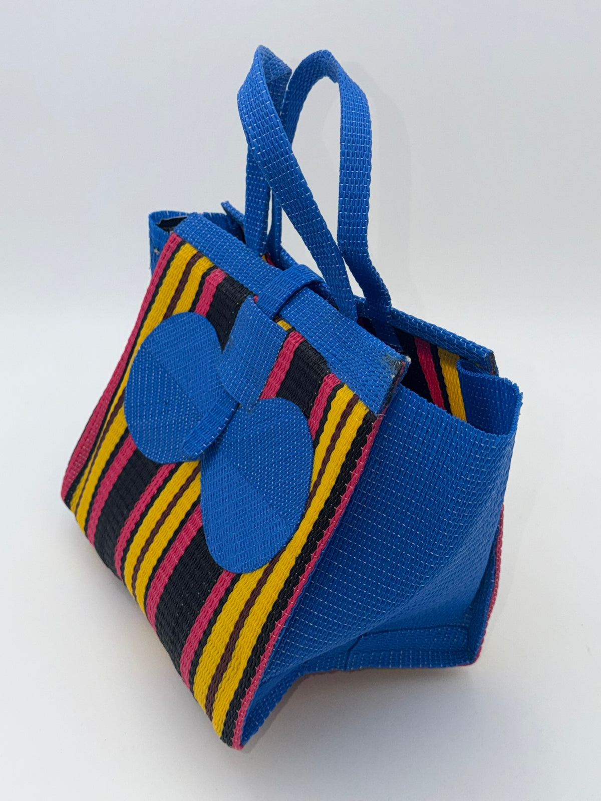 Sunshine Medium  handwoven tote bag by SCRUBIES in Blue,Yellow,Pink,Black with Stripes design and Bow accent pattern