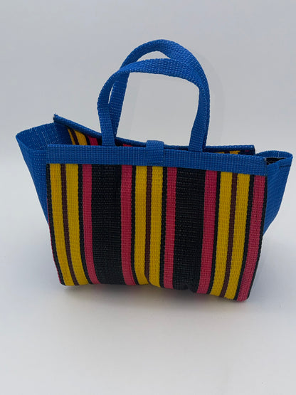 Sunshine Medium  handwoven tote bag by SCRUBIES in Blue,Yellow,Pink,Black with Stripes design and Bow accent pattern