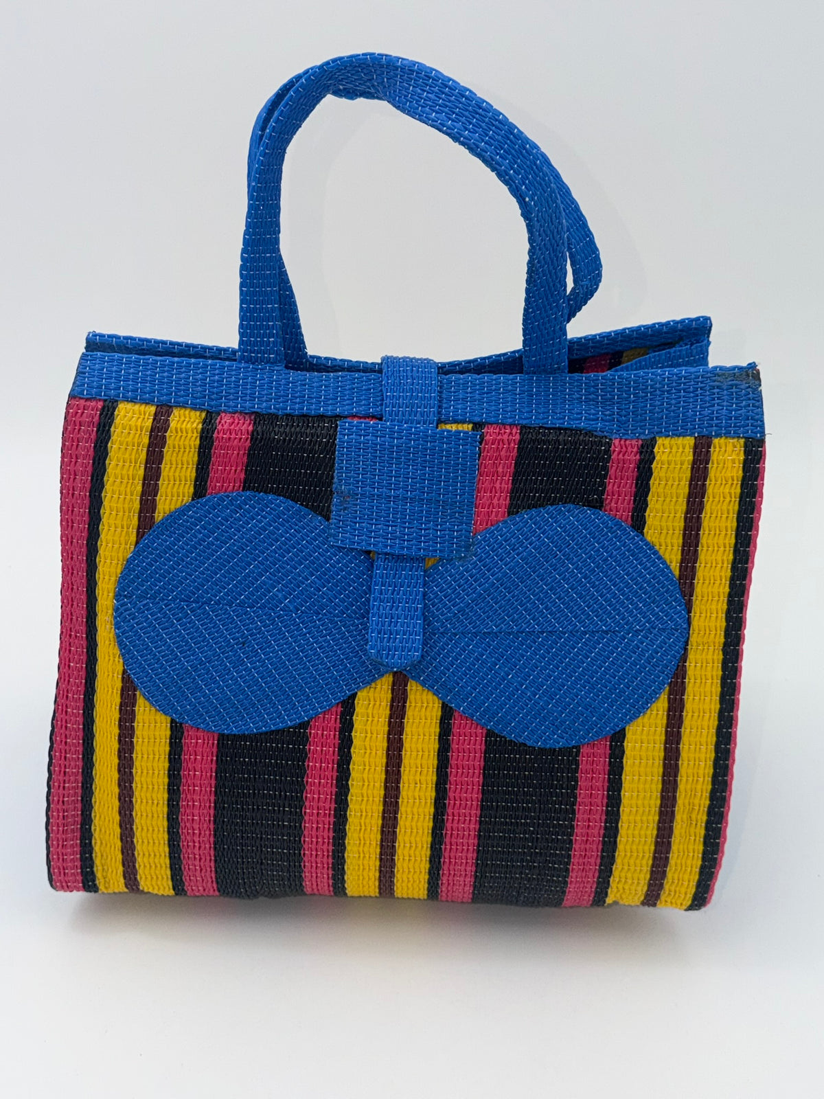 Sunshine Medium  handwoven tote bag by SCRUBIES in Blue,Yellow,Pink,Black with Stripes design and Bow accent pattern