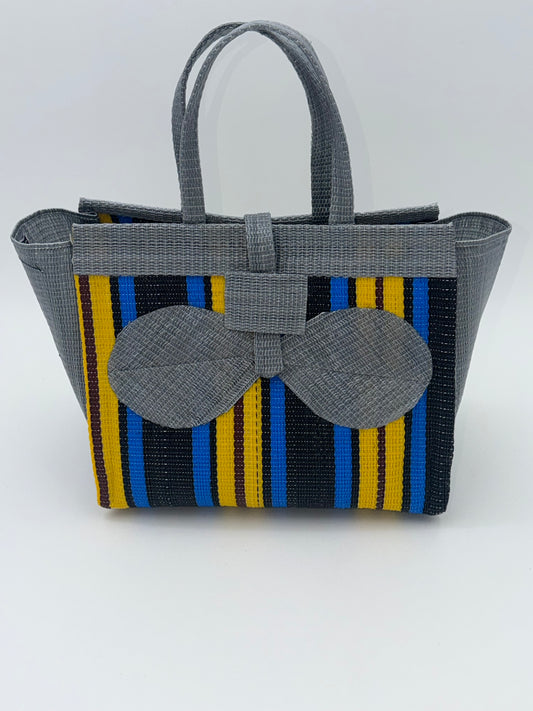 Sunshine Medium  handwoven tote bag by SCRUBIES in Gray,Blue,Yellow,Black with Stripes design and Bow accent pattern
