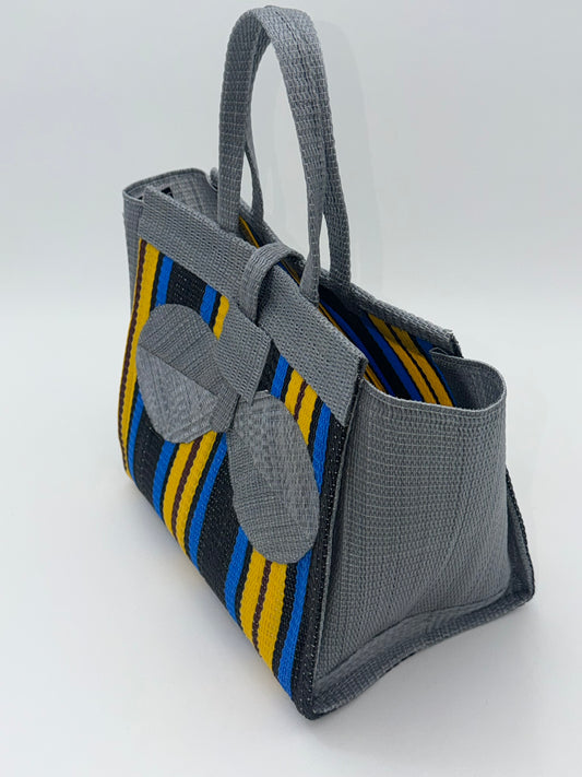 Sunshine Medium  handwoven tote bag by SCRUBIES in Gray,Blue,Yellow,Black with Stripes design and Bow accent pattern