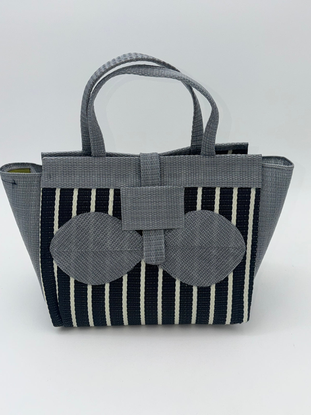 Panda Medium  handwoven tote bag by SCRUBIES in Black,White,Gray with Stripes design and Bow accent pattern