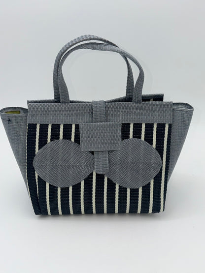 Panda Medium  handwoven tote bag by SCRUBIES in Black,White,Gray with Stripes design and Bow accent pattern