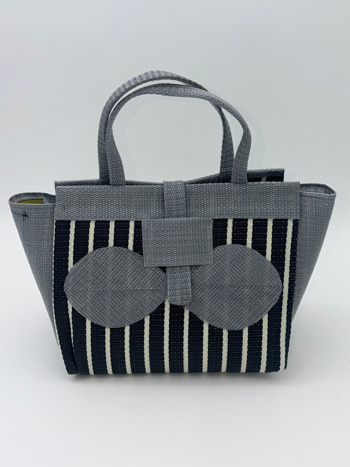 Panda Medium  handwoven tote bag by SCRUBIES in Black,White,Gray with Stripes design and Bow accent pattern