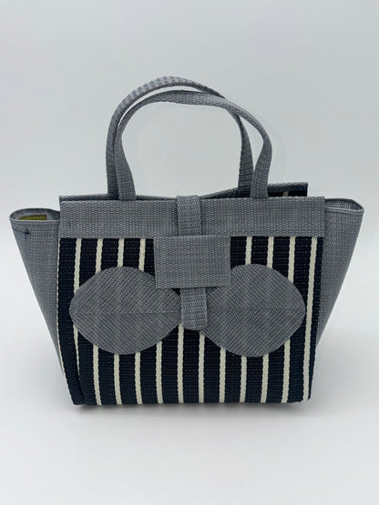Panda Medium  handwoven tote bag by SCRUBIES in Black,White,Gray with Stripes design and Bow accent pattern