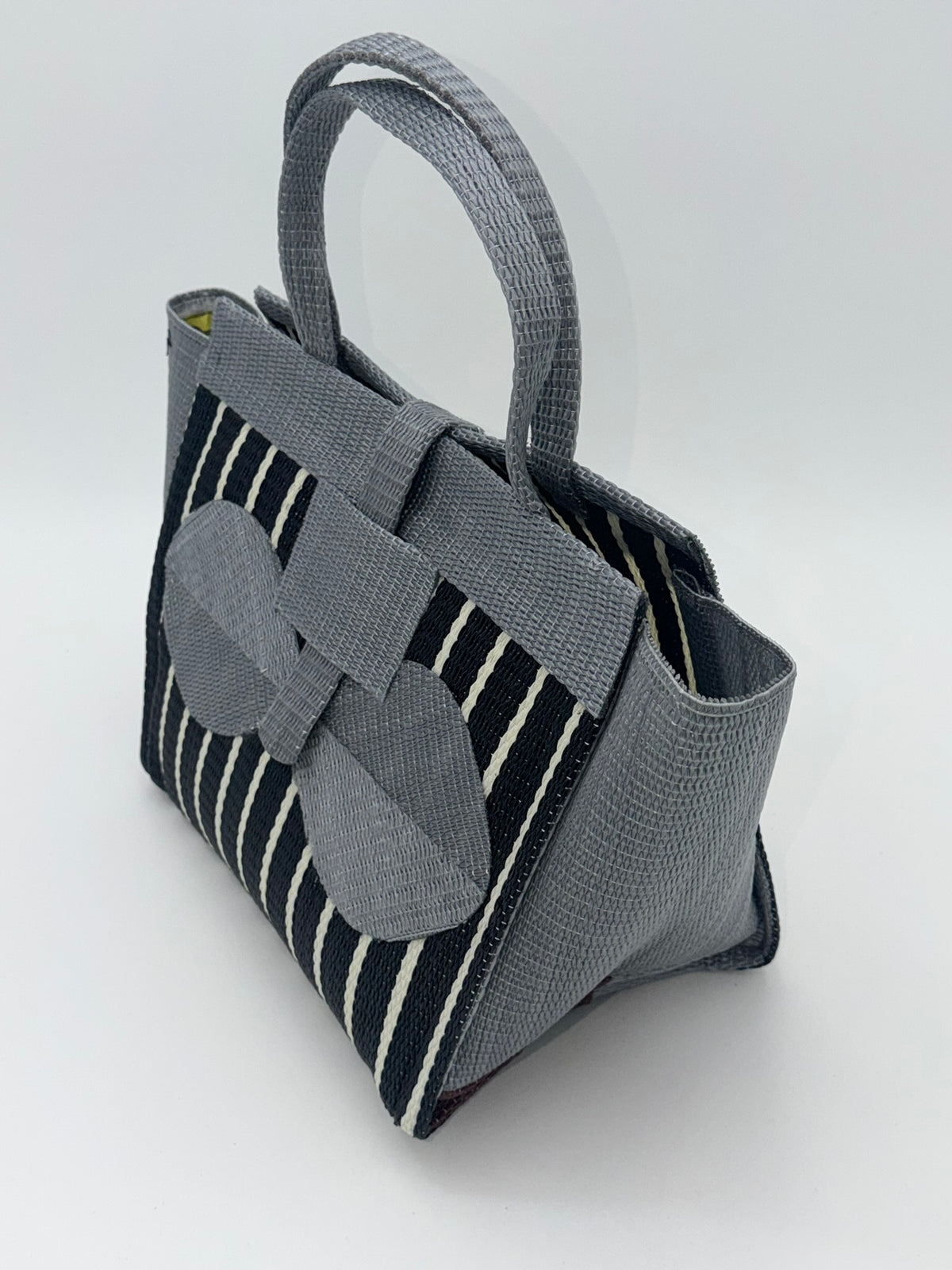 Panda Medium  handwoven tote bag by SCRUBIES in Black,White,Gray with Stripes design and Bow accent pattern