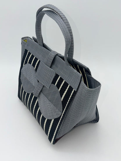 Panda Medium  handwoven tote bag by SCRUBIES in Black,White,Gray with Stripes design and Bow accent pattern