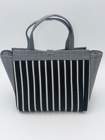 Panda Medium  handwoven tote bag by SCRUBIES in Black,White,Gray with Stripes design and Bow accent pattern