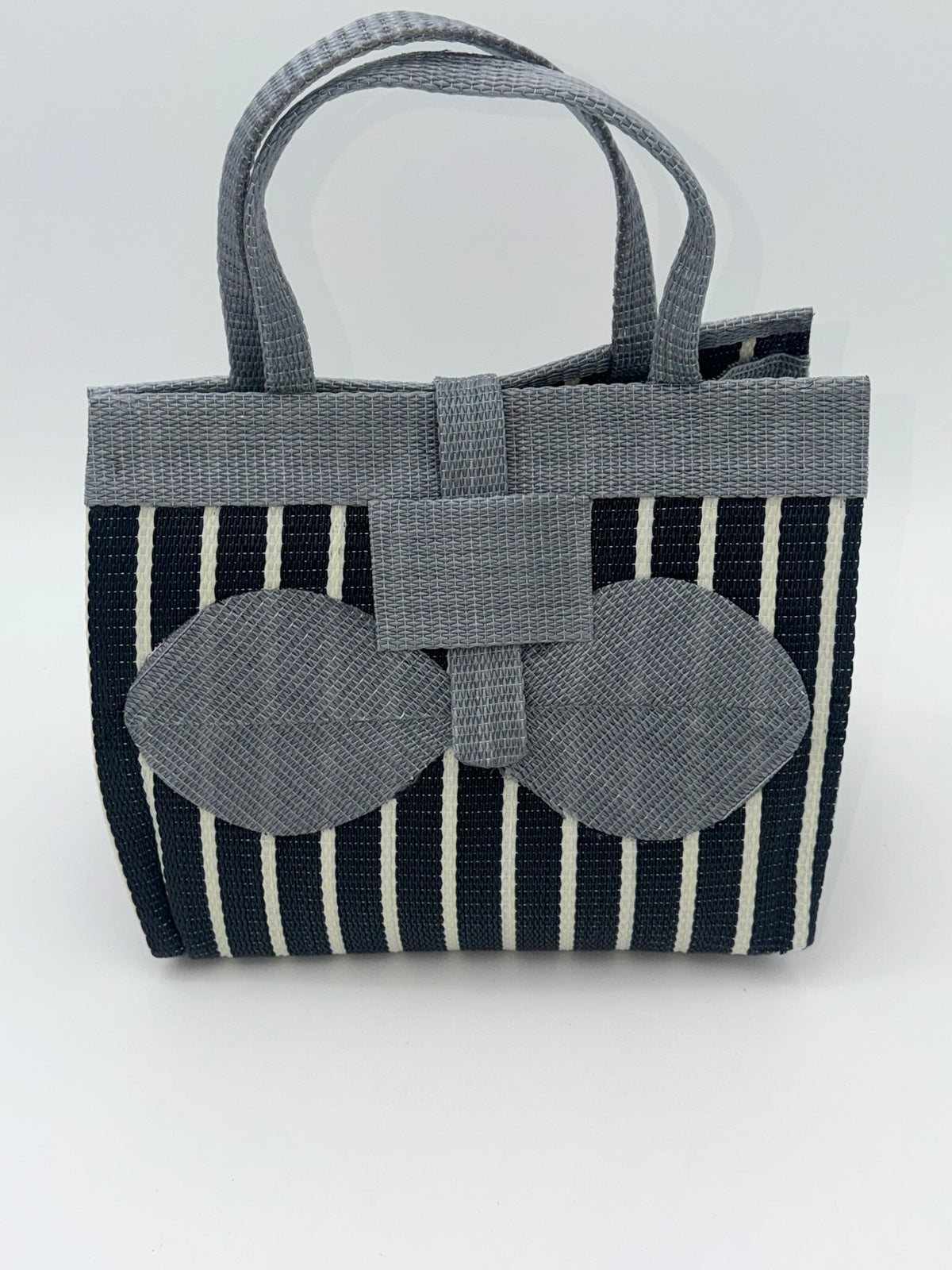 Panda Medium  handwoven tote bag by SCRUBIES in Black,White,Gray with Stripes design and Bow accent pattern