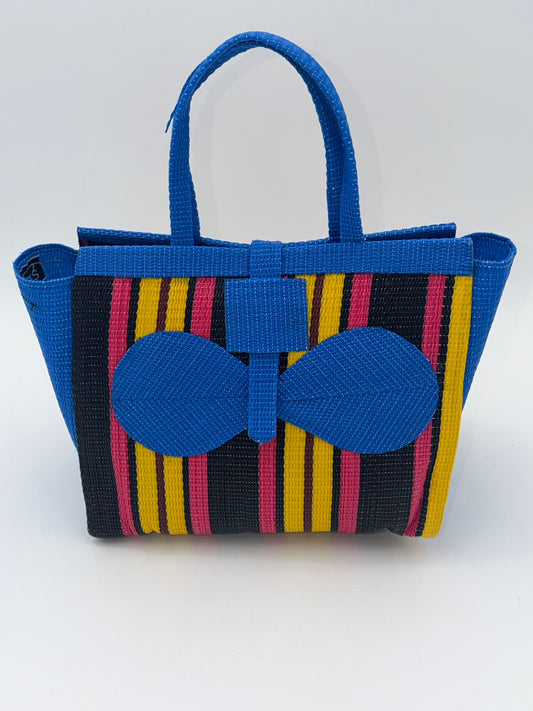 Sunshine Medium  handwoven tote bag by SCRUBIES in Blue,Yellow,Pink,Black with Stripes design and Bow accent pattern
