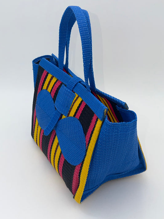 Sunshine Medium  handwoven tote bag by SCRUBIES in Blue,Yellow,Pink,Black with Stripes design and Bow accent pattern