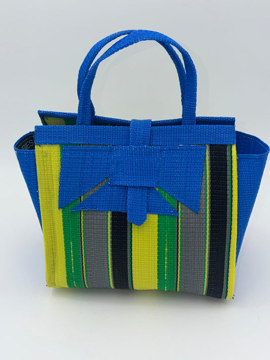 Sunshine Medium  handwoven tote bag by SCRUBIES in Blue,Yellow,Green,Gray,Black with Stripes design and Abstract accent pattern