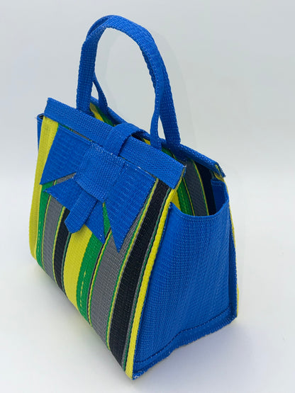 Sunshine Medium  handwoven tote bag by SCRUBIES in Blue,Yellow,Green,Gray,Black with Stripes design and Abstract accent pattern