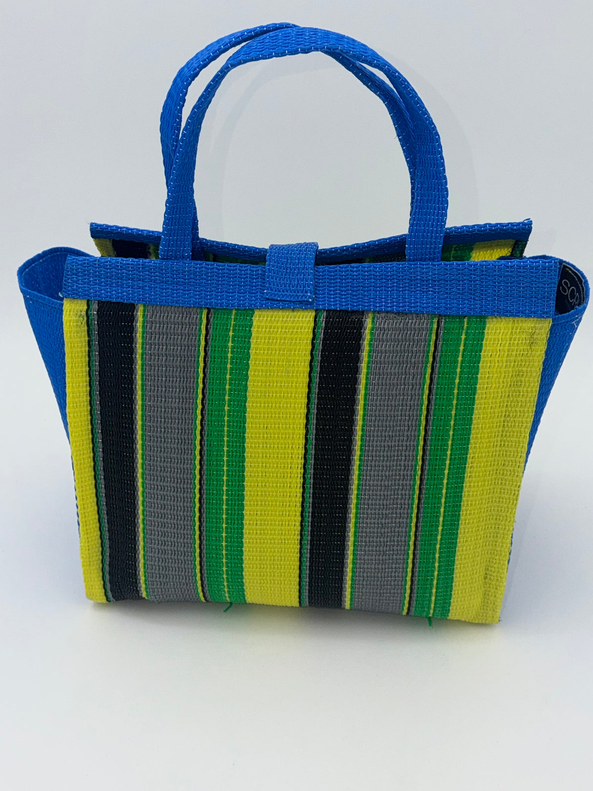 Sunshine Medium  handwoven tote bag by SCRUBIES in Blue,Yellow,Green,Gray,Black with Stripes design and Abstract accent pattern