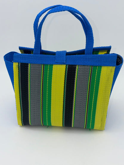 Sunshine Medium  handwoven tote bag by SCRUBIES in Blue,Yellow,Green,Gray,Black with Stripes design and Abstract accent pattern