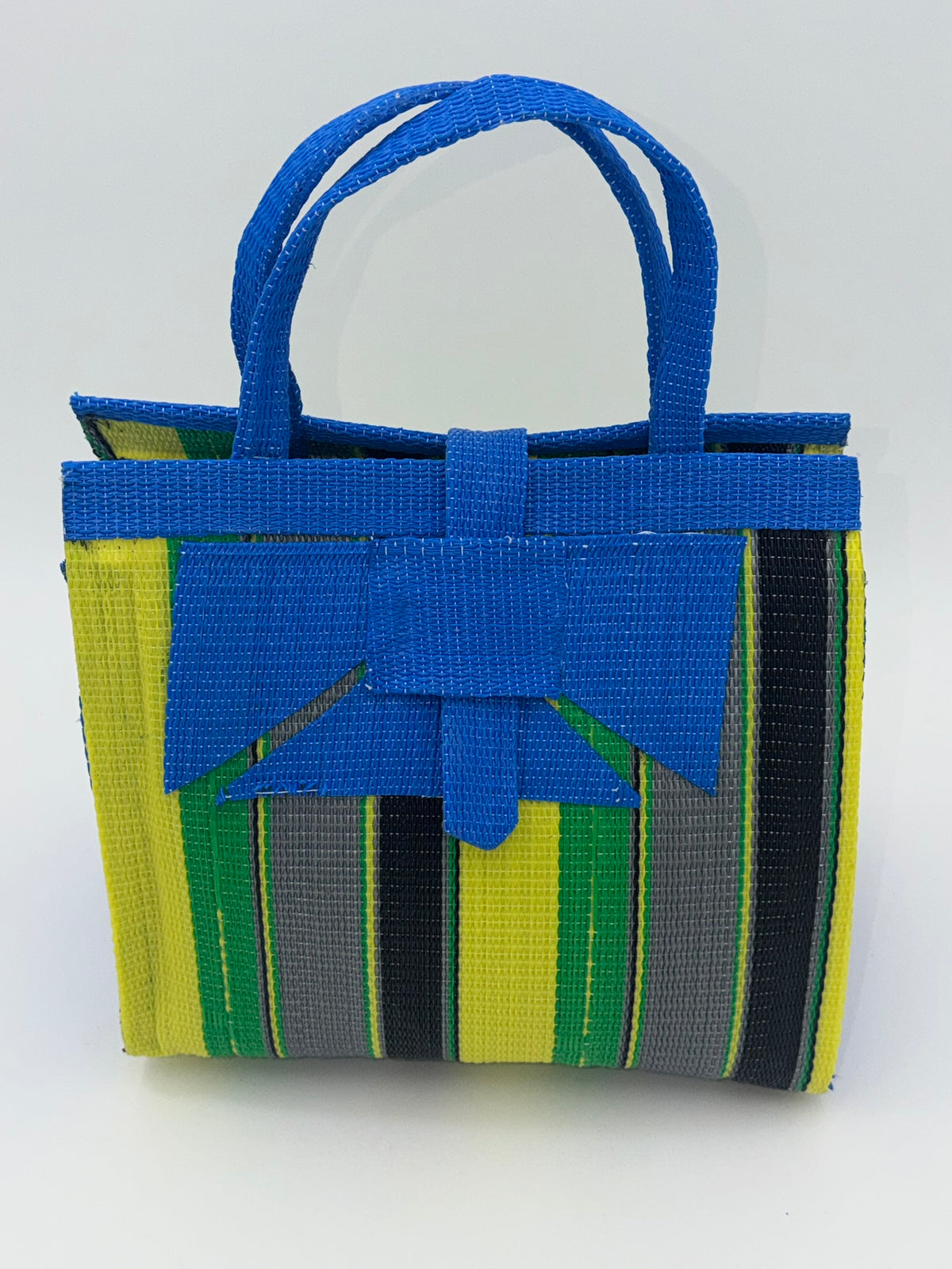 Sunshine Medium  handwoven tote bag by SCRUBIES in Blue,Yellow,Green,Gray,Black with Stripes design and Abstract accent pattern