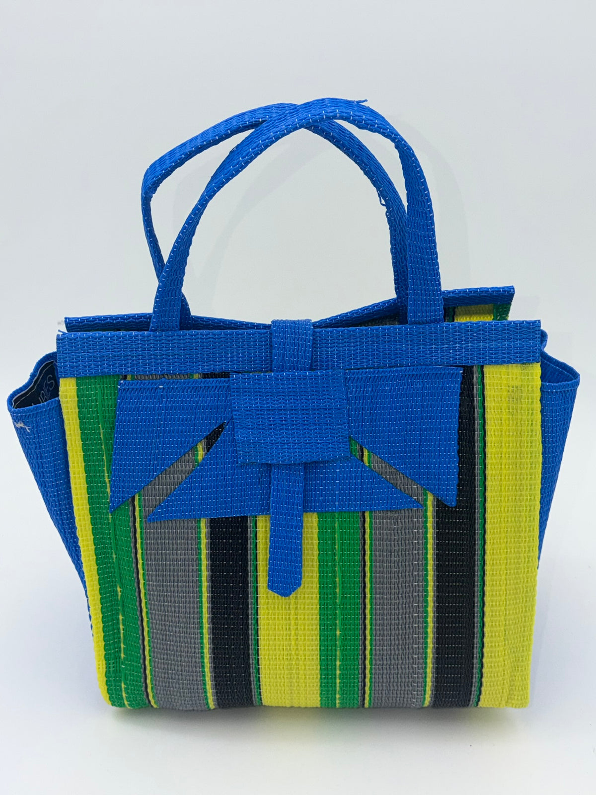 Sunshine Medium  handwoven tote bag by SCRUBIES in Blue,Yellow,Green,Gray,Black with Stripes design and Abstract accent pattern