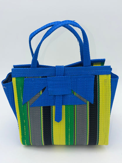 Sunshine Medium  handwoven tote bag by SCRUBIES in Blue,Yellow,Green,Gray,Black with Stripes design and Abstract accent pattern