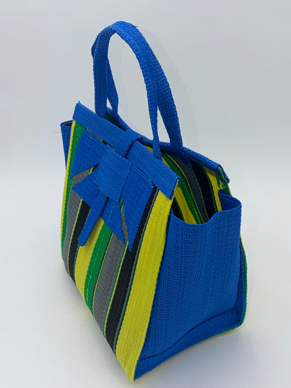 Sunshine Medium  handwoven tote bag by SCRUBIES in Blue,Yellow,Green,Gray,Black with Stripes design and Abstract accent pattern
