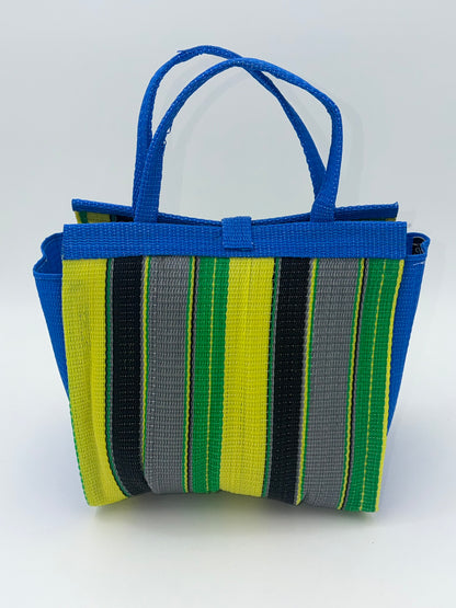 Sunshine Medium  handwoven tote bag by SCRUBIES in Blue,Yellow,Green,Gray,Black with Stripes design and Abstract accent pattern