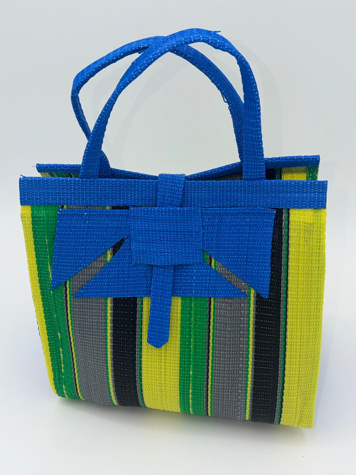 Sunshine Medium  handwoven tote bag by SCRUBIES in Blue,Yellow,Green,Gray,Black with Stripes design and Abstract accent pattern