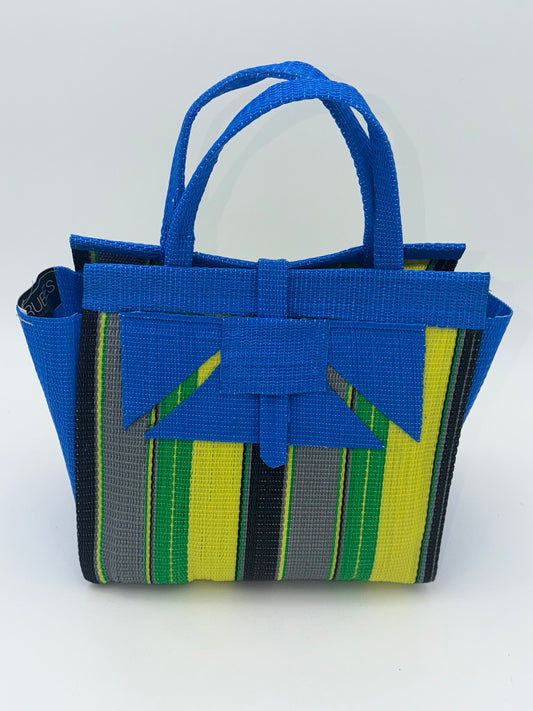 Sunshine Medium  handwoven tote bag by SCRUBIES in Blue,Yellow,Green,Gray,Black with Stripes design and Abstract accent pattern
