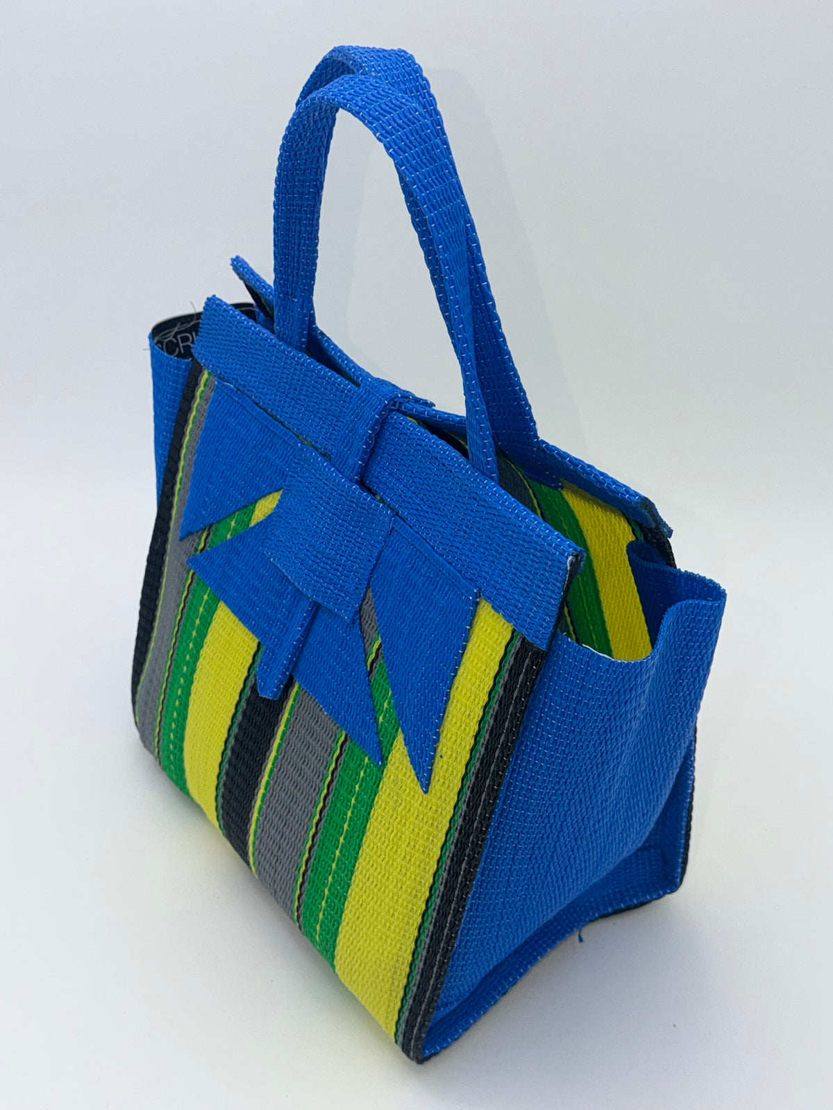 Sunshine Medium  handwoven tote bag by SCRUBIES in Blue,Yellow,Green,Gray,Black with Stripes design and Abstract accent pattern