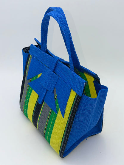 Sunshine Medium  handwoven tote bag by SCRUBIES in Blue,Yellow,Green,Gray,Black with Stripes design and Abstract accent pattern