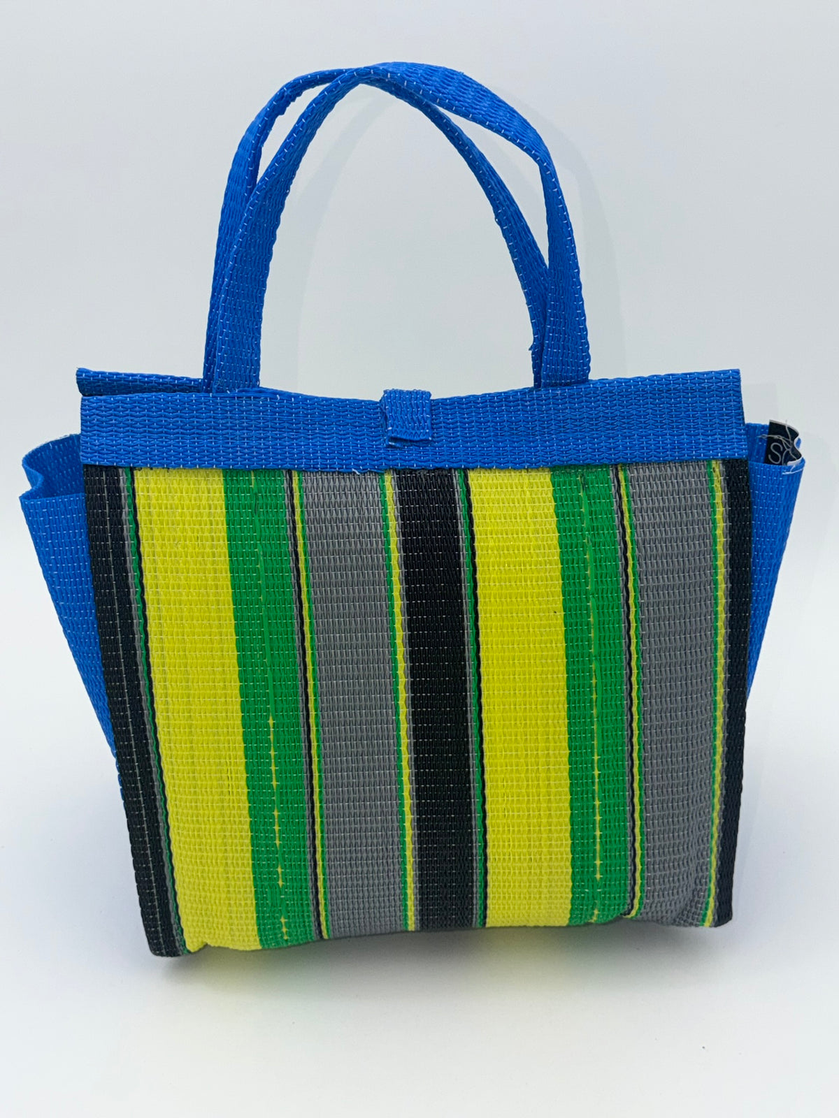 Sunshine Medium  handwoven tote bag by SCRUBIES in Blue,Yellow,Green,Gray,Black with Stripes design and Abstract accent pattern