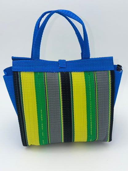 Sunshine Medium  handwoven tote bag by SCRUBIES in Blue,Yellow,Green,Gray,Black with Stripes design and Abstract accent pattern