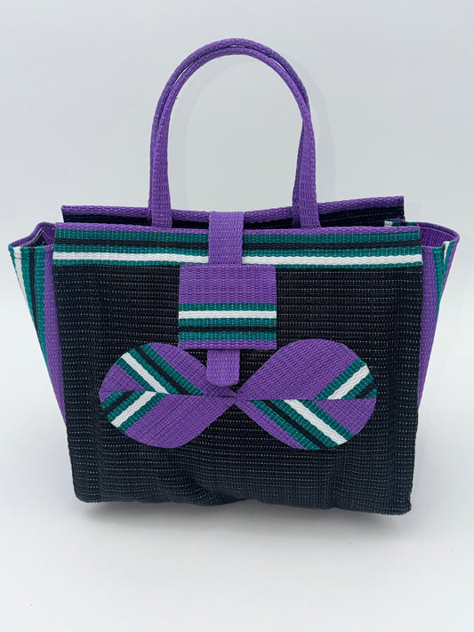 Midnight Medium  handwoven tote bag by SCRUBIES in Black,Purple,Green, with Solid design and Bow accent pattern