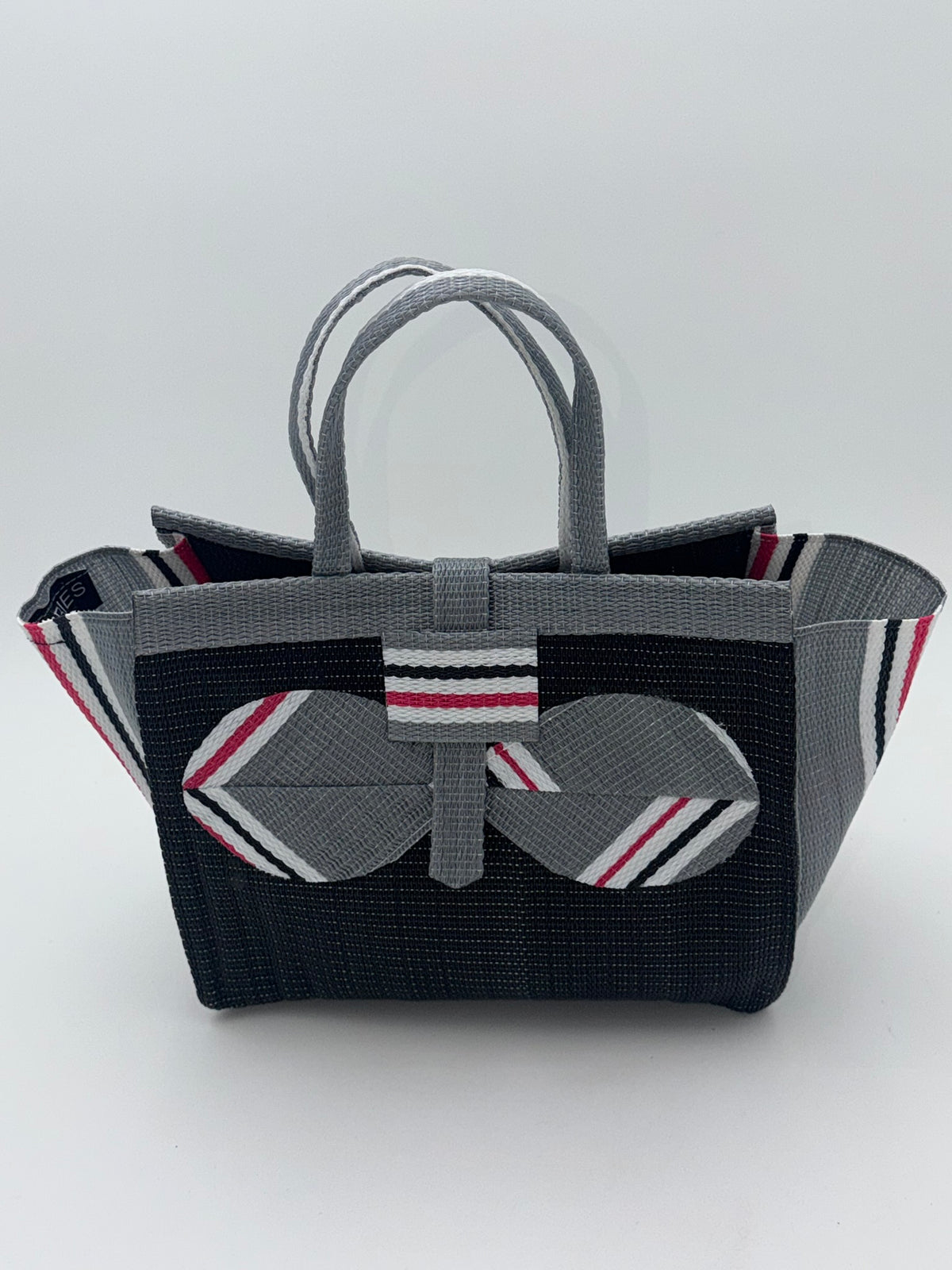 Midnight Medium  handwoven tote bag by SCRUBIES in Black,Gray,White,Pink with Solid design and Bow accent pattern