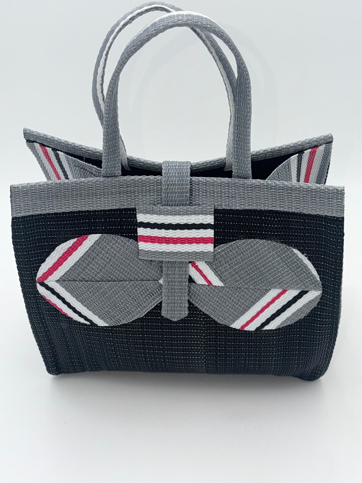Midnight Medium  handwoven tote bag by SCRUBIES in Black,Gray,White,Pink with Solid design and Bow accent pattern