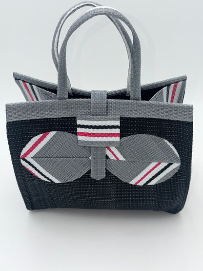 Midnight Medium  handwoven tote bag by SCRUBIES in Black,Gray,White,Pink with Solid design and Bow accent pattern