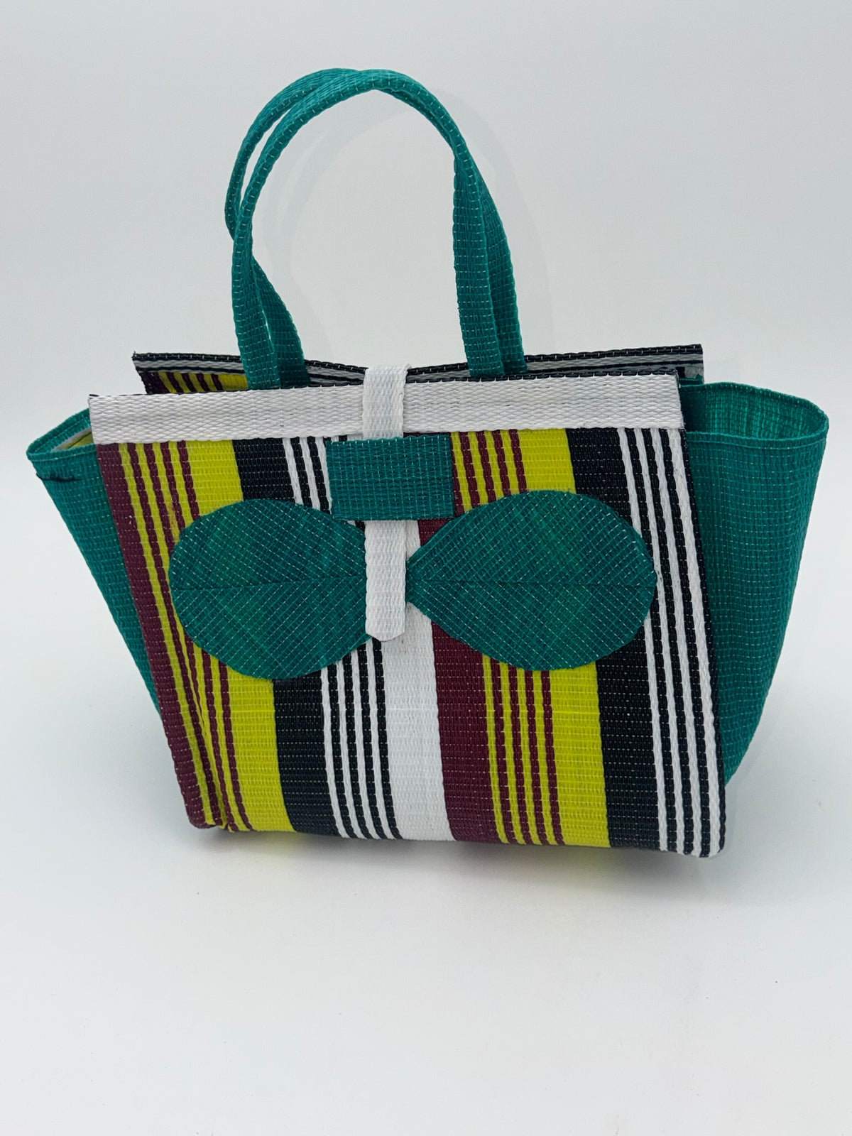 Sunshine Medium  handwoven tote bag by SCRUBIES in Yellow,White,Green,Black with Stripes design and Bow accent pattern