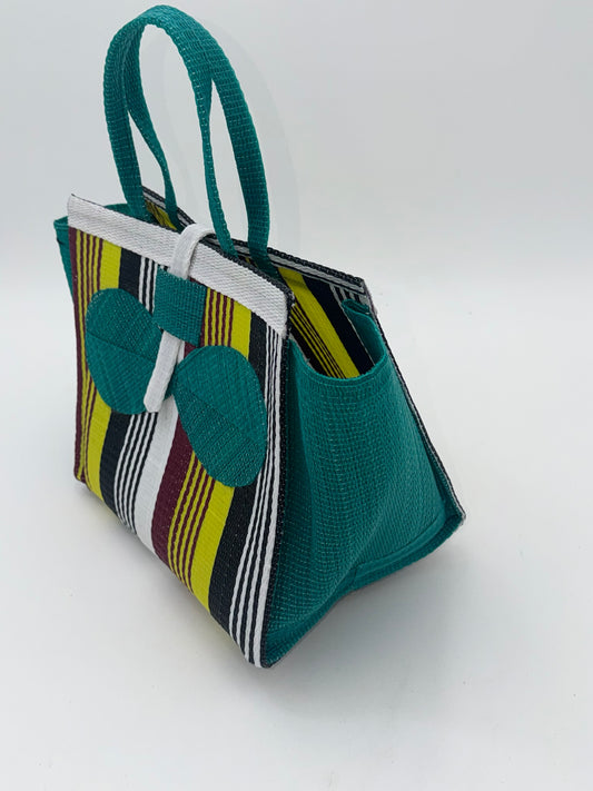 Sunshine Medium  handwoven tote bag by SCRUBIES in Yellow,White,Green,Black with Stripes design and Bow accent pattern