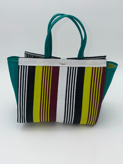Sunshine Medium  handwoven tote bag by SCRUBIES in Yellow,White,Green,Black with Stripes design and Bow accent pattern