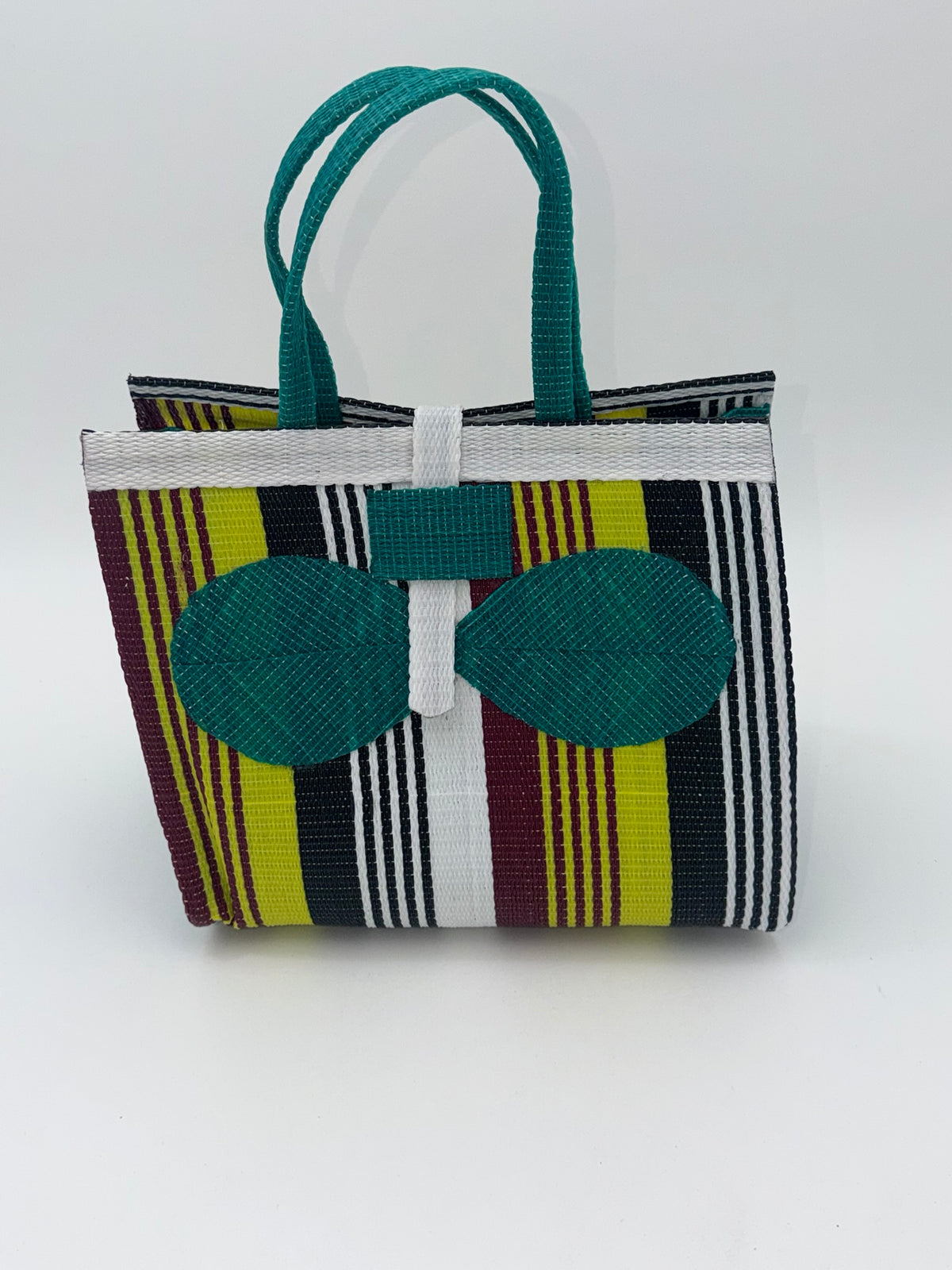 Sunshine Medium  handwoven tote bag by SCRUBIES in Yellow,White,Green,Black with Stripes design and Bow accent pattern