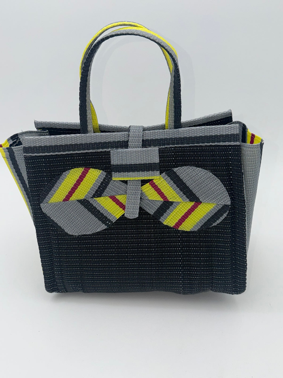 Midnight Medium  handwoven tote bag by SCRUBIES in Black,Yellow,Gray with Solid design and Bow accent pattern