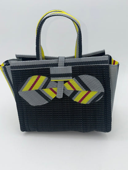 Midnight Medium  handwoven tote bag by SCRUBIES in Black,Yellow,Gray with Solid design and Bow accent pattern