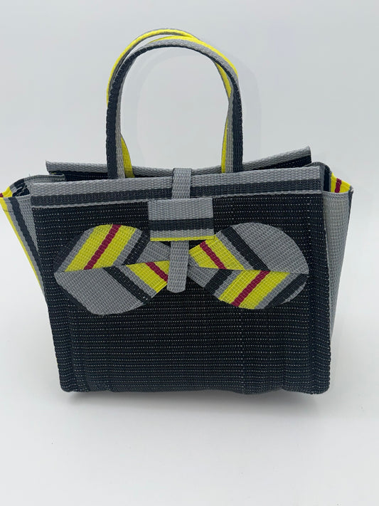 Midnight Medium  handwoven tote bag by SCRUBIES in Black,Yellow,Gray with Solid design and Bow accent pattern
