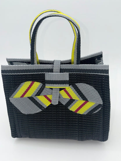 Midnight Medium  handwoven tote bag by SCRUBIES in Black,Yellow,Gray with Solid design and Bow accent pattern
