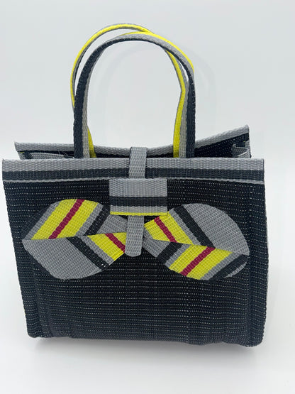 Midnight Medium  handwoven tote bag by SCRUBIES in Black,Yellow,Gray with Solid design and Bow accent pattern