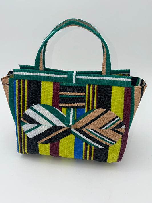 Sunshine Medium  handwoven tote bag by SCRUBIES in Yellow,Green,Wine,Black,Blue,Beige with Stripes design and Bow accent pattern