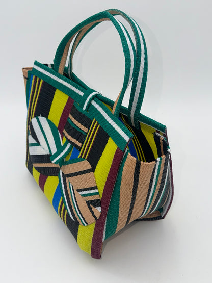Sunshine Medium  handwoven tote bag by SCRUBIES in Yellow,Green,Wine,Black,Blue,Beige with Stripes design and Bow accent pattern