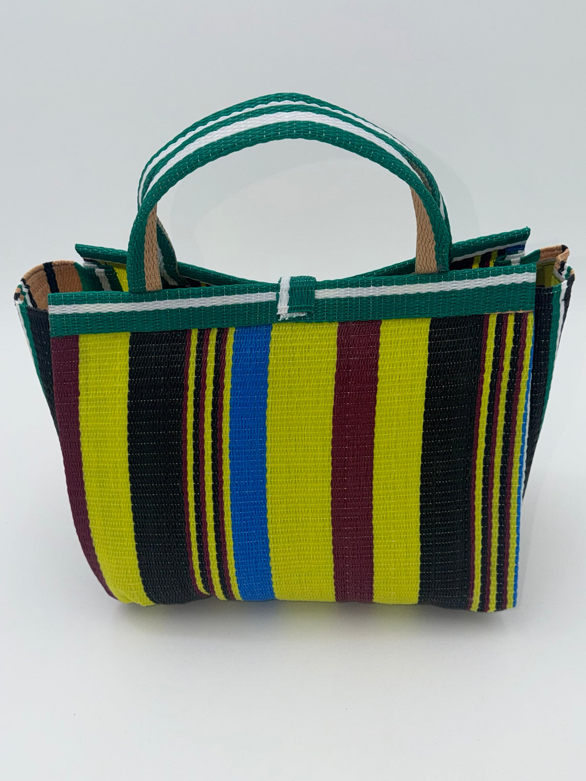 Sunshine Medium  handwoven tote bag by SCRUBIES in Yellow,Green,Wine,Black,Blue,Beige with Stripes design and Bow accent pattern
